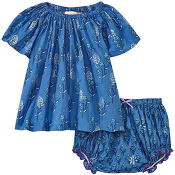Pink Chicken Girls’ Willow 2 Pc Set, Riviera Blue Floral Stamp, 3/6 Months