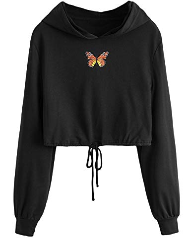Romwe Ladies’s Informal Free Butterfly Print Drawstring Lengthy Sleeve Crop Hoodie Sweatshirt