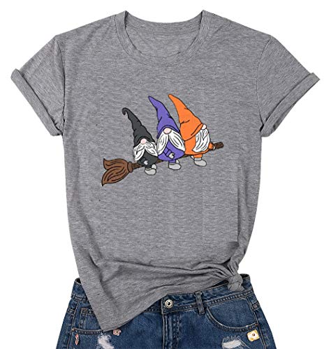 Womens Halloween T-Shirt Prime Cute Gnomes with Broom Shirts Fall Autumn T-Shirt Graphic Humorous Tees Tops
