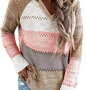 Womens Sweater Hole Out Informal Lengthy Sleeve Jumper Outsized V Neck Striped Pullover Knitted Hoodies Sweatshirt