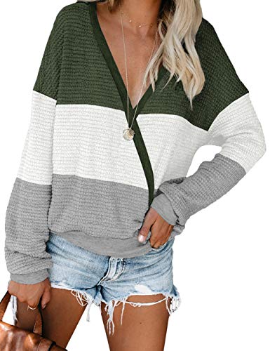 NSQTBA Womens Deep V Neck Wrap Sweaters Lengthy Sleeve Waffle Knit Pullover Tops Shirts