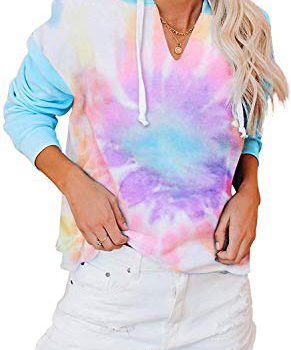 Womens Light-weight Tie Dye Hoodie Sweatshirt Lengthy Sleeve V Neck Drawstring Hooded Pullover Tops Shirt