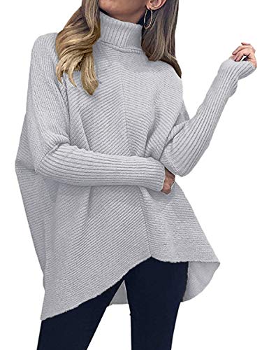LOGENE Ladies’s Outsized Turtleneck Batwing Sleeve Pullover Sweater Asymmetrical Knit Jumper Tops