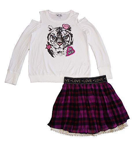 Jessica Simpson Woman’s Graphic Chilly-Shoulder Prime and Skirt Set, White Tiger/Pink Plaid (Massive (14/16))